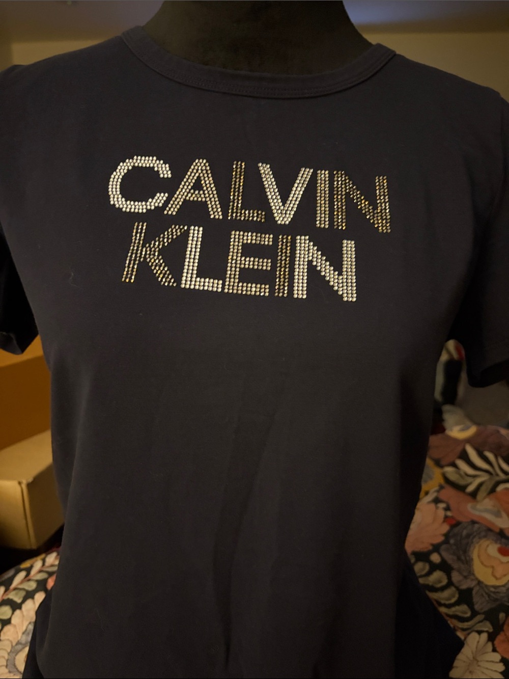 Calvin Klein Navy Short-Sleeve Logo Tee with Rhinestone Detail